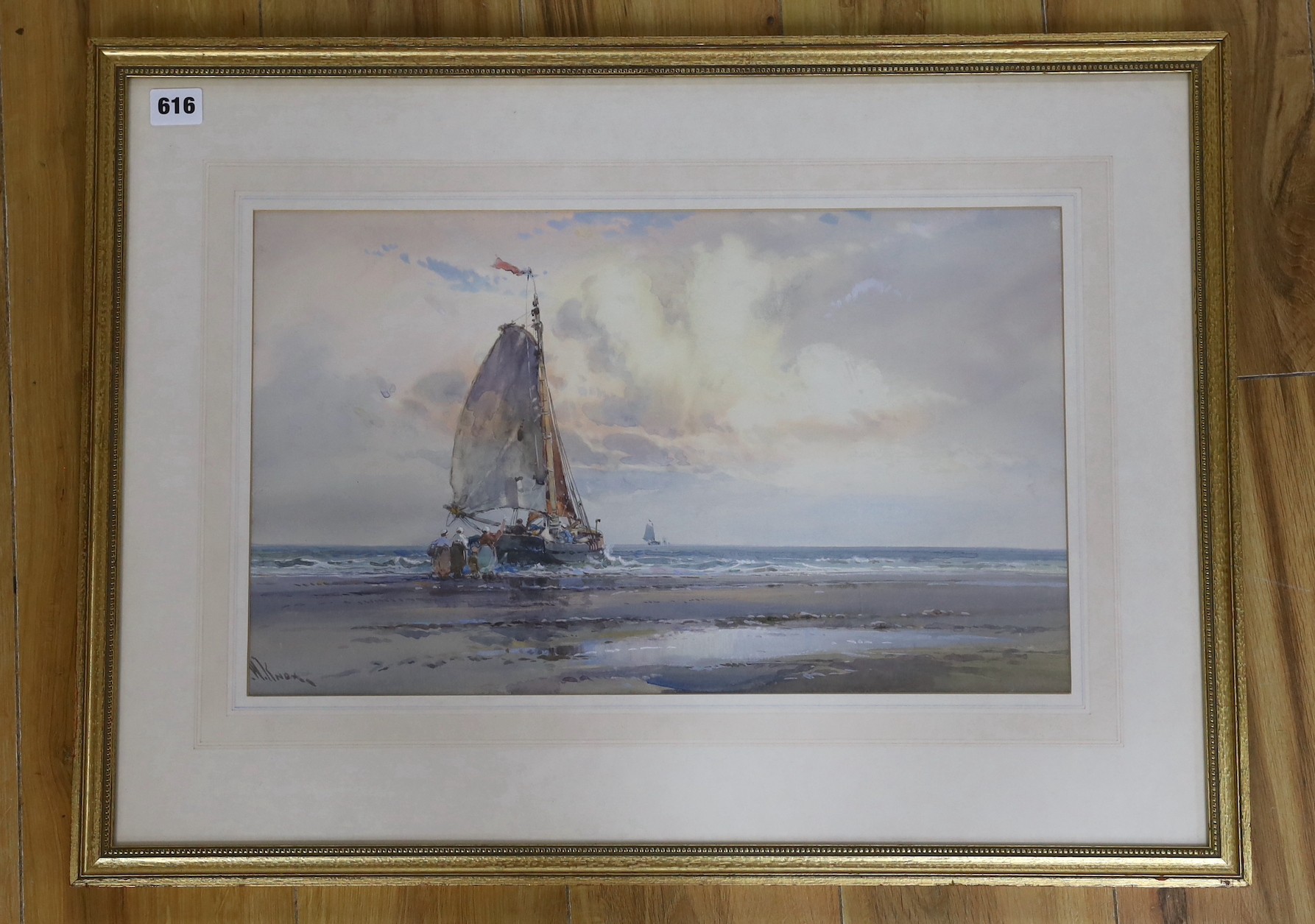 William Knox (1862-1925), watercolour and gouache, Dutch fishing boats, signed, 29 x 48cm